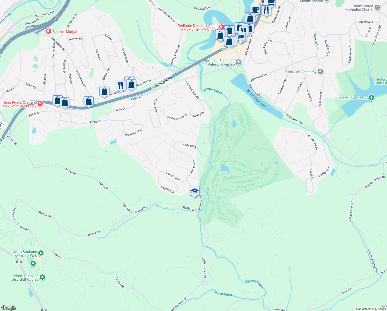 map of restaurants, bars, coffee shops, grocery stores, and more near 104 Suncrest Court in Canonsburg