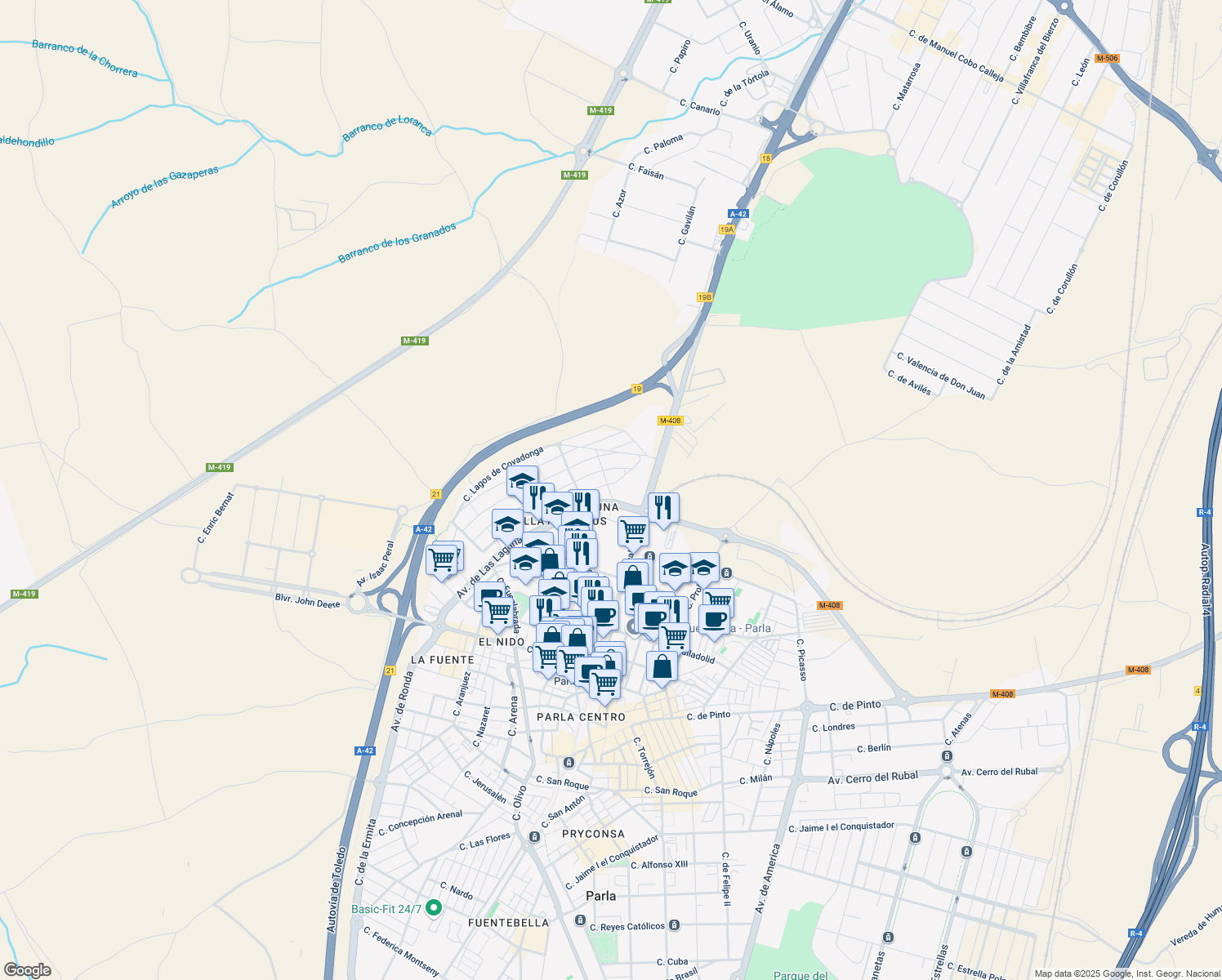 map of restaurants, bars, coffee shops, grocery stores, and more near 14 Calle Lago de Michigan in Parla