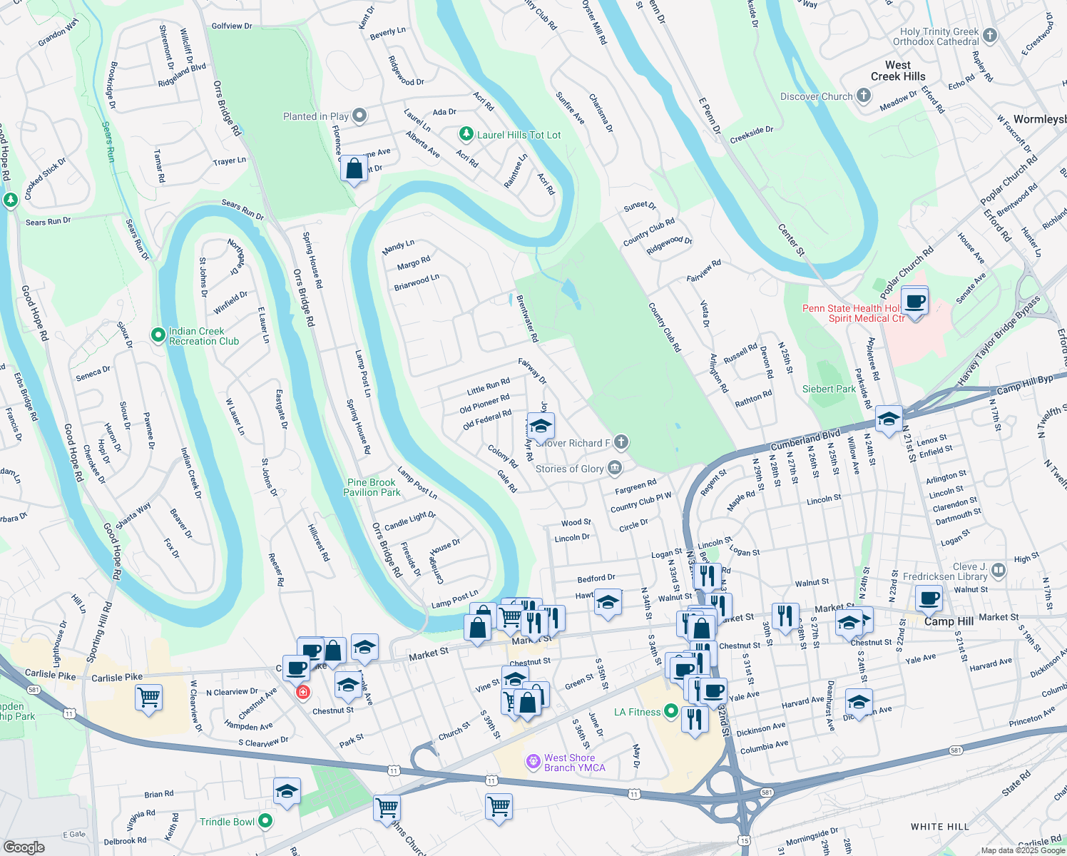 map of restaurants, bars, coffee shops, grocery stores, and more near 521 Penn Ayr Road in Camp Hill