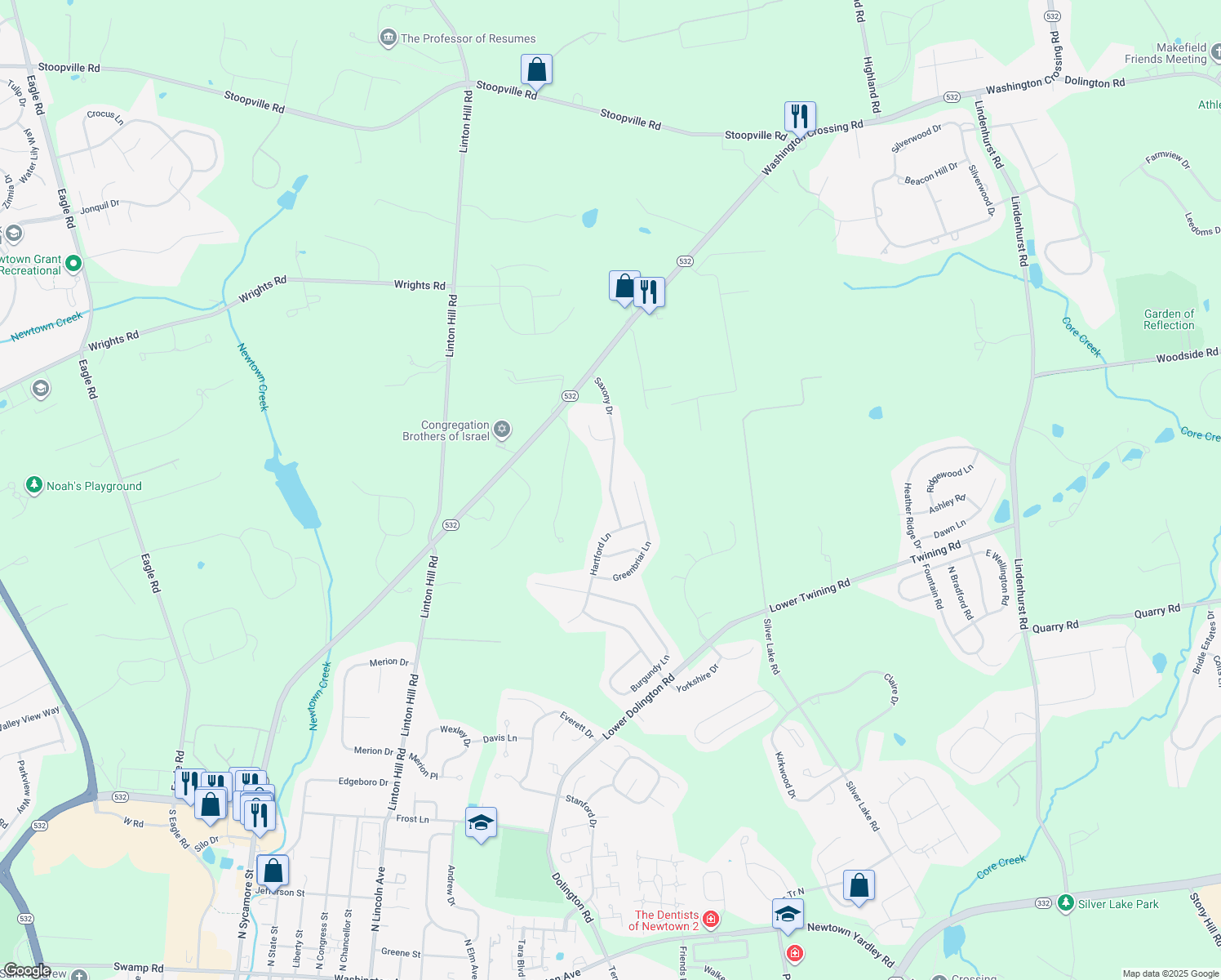 map of restaurants, bars, coffee shops, grocery stores, and more near 277 Saxony Drive in Newtown