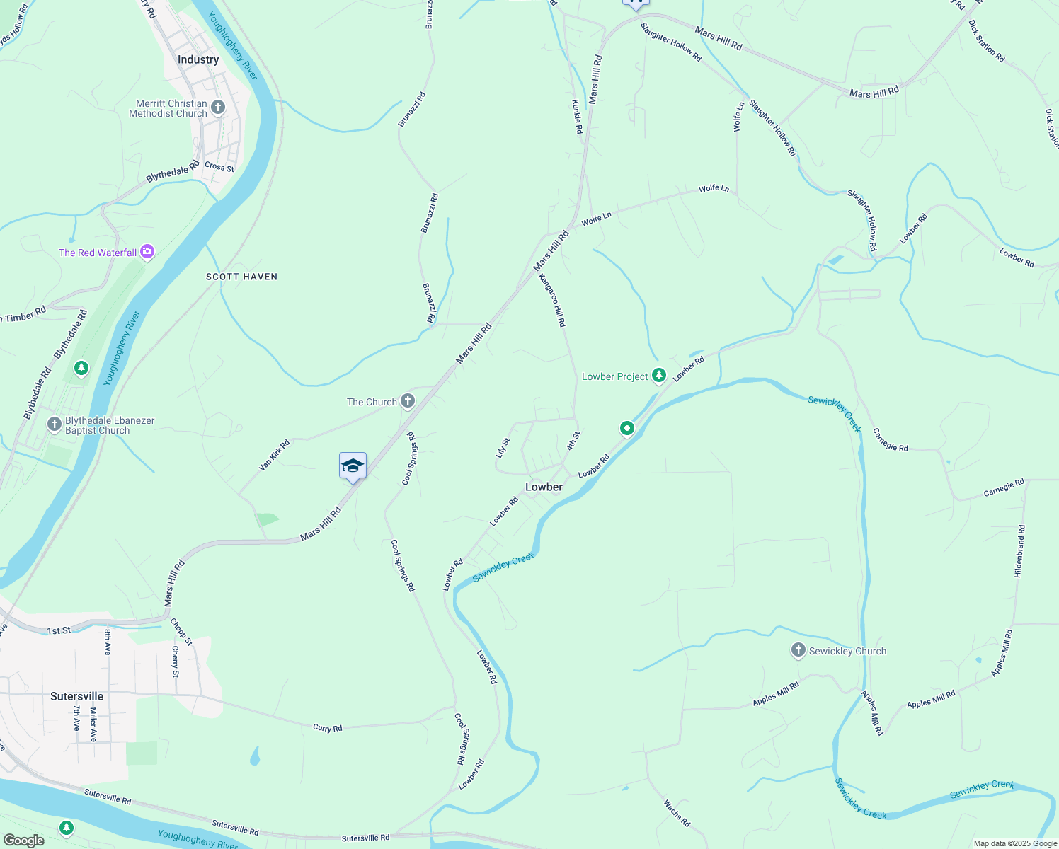 map of restaurants, bars, coffee shops, grocery stores, and more near 203 Lily Street in Lowber