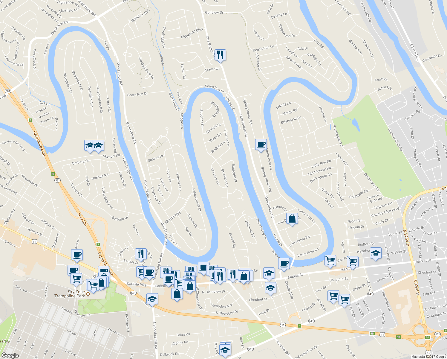 map of restaurants, bars, coffee shops, grocery stores, and more near 540 Saint Johns Drive in Camp Hill