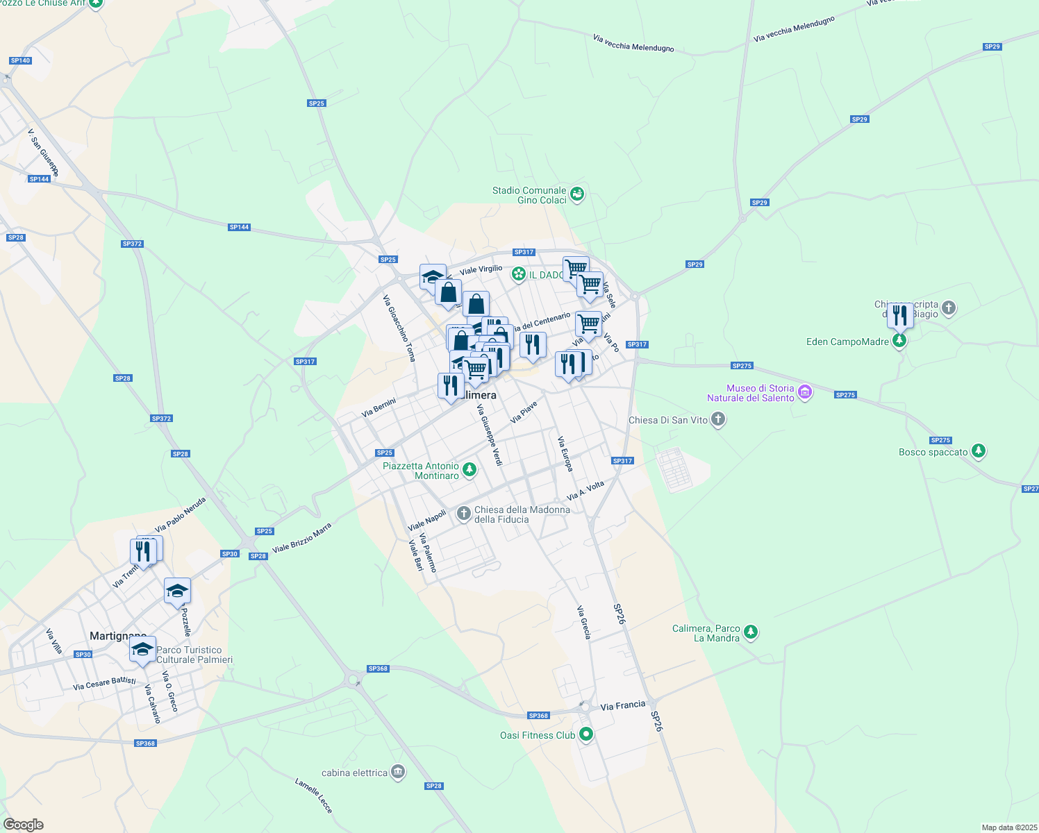 map of restaurants, bars, coffee shops, grocery stores, and more near 27 Via G. Mazzini in Calimera