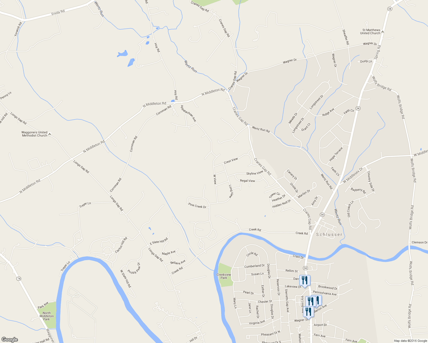 map of restaurants, bars, coffee shops, grocery stores, and more near 315 West View in Carlisle