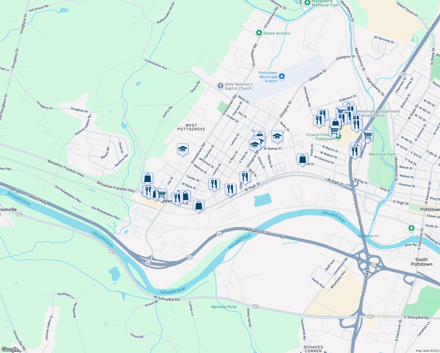 map of restaurants, bars, coffee shops, grocery stores, and more near 117 East Race Street in Pottstown