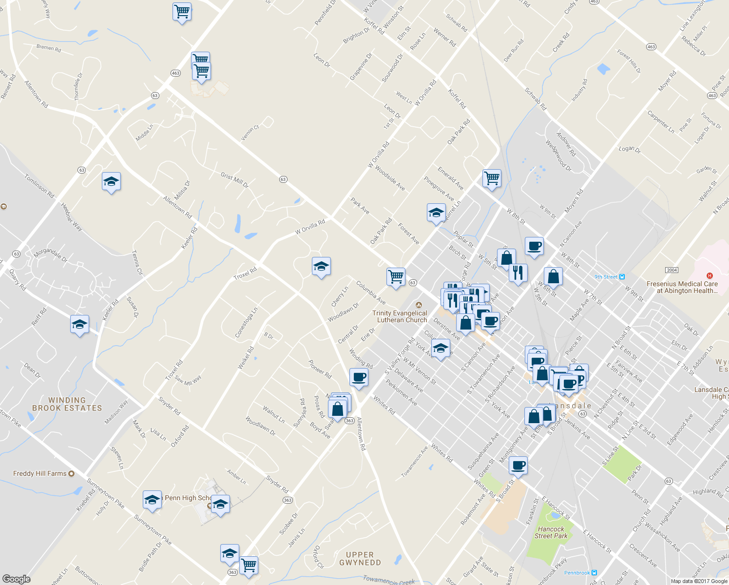 map of restaurants, bars, coffee shops, grocery stores, and more near 201 Woodlawn Drive in Lansdale