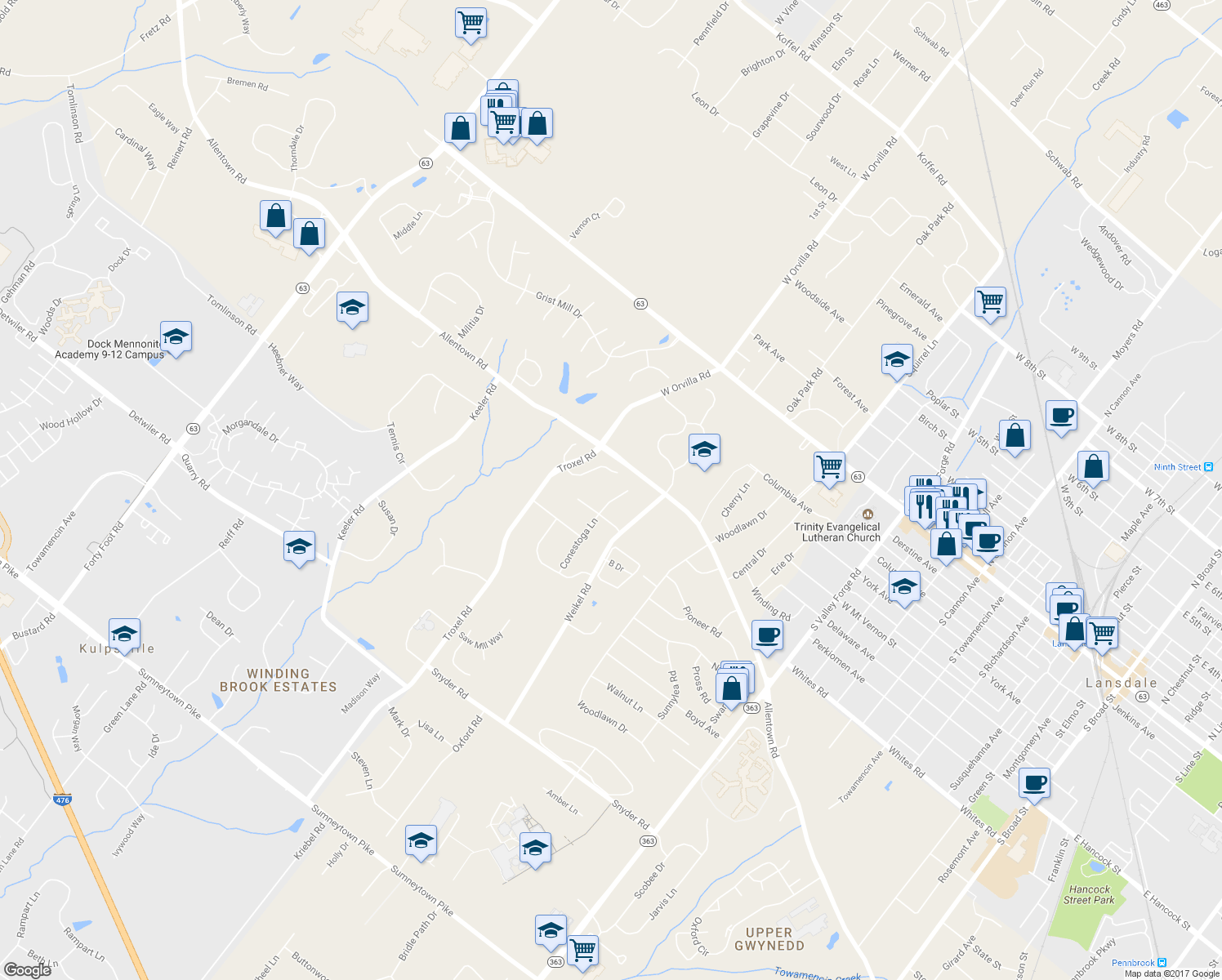 map of restaurants, bars, coffee shops, grocery stores, and more near 632 Conestoga Lane in Lansdale