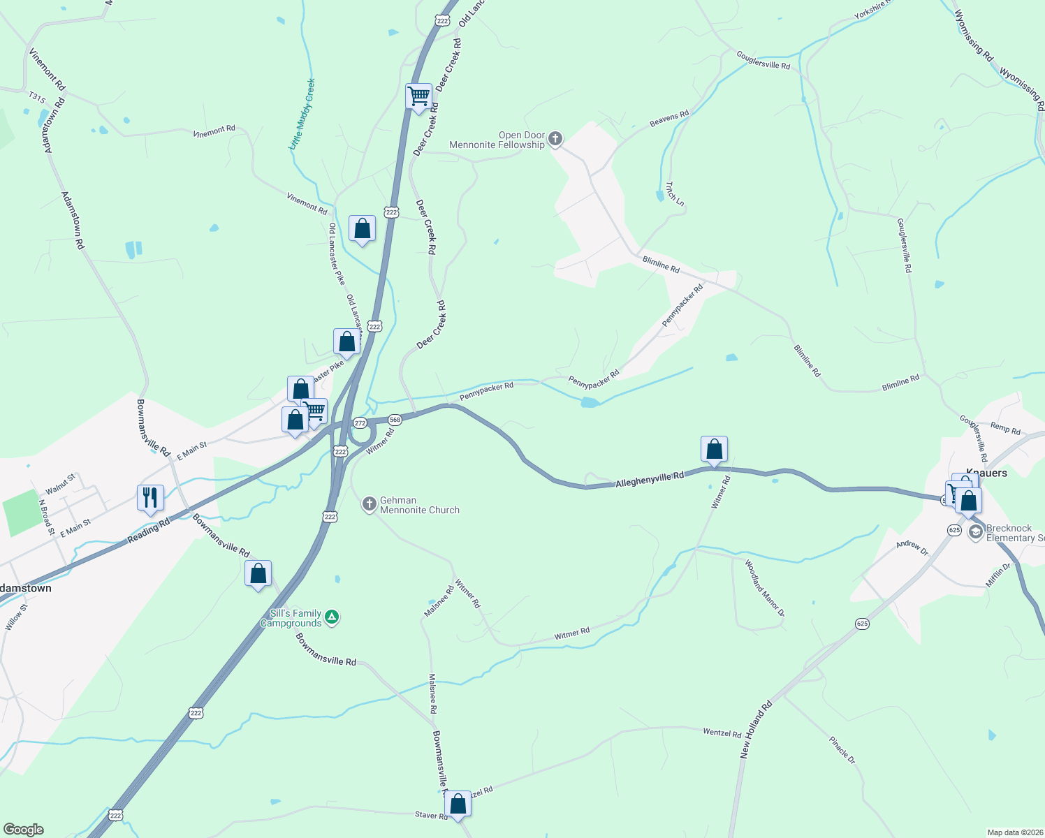 map of restaurants, bars, coffee shops, grocery stores, and more near 5024 Walnut Lane in Mohnton