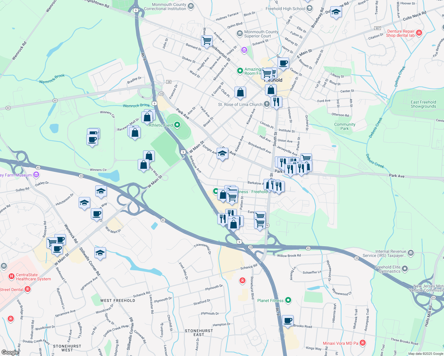 map of restaurants, bars, coffee shops, grocery stores, and more near 62 Barkalow Ave in Freehold