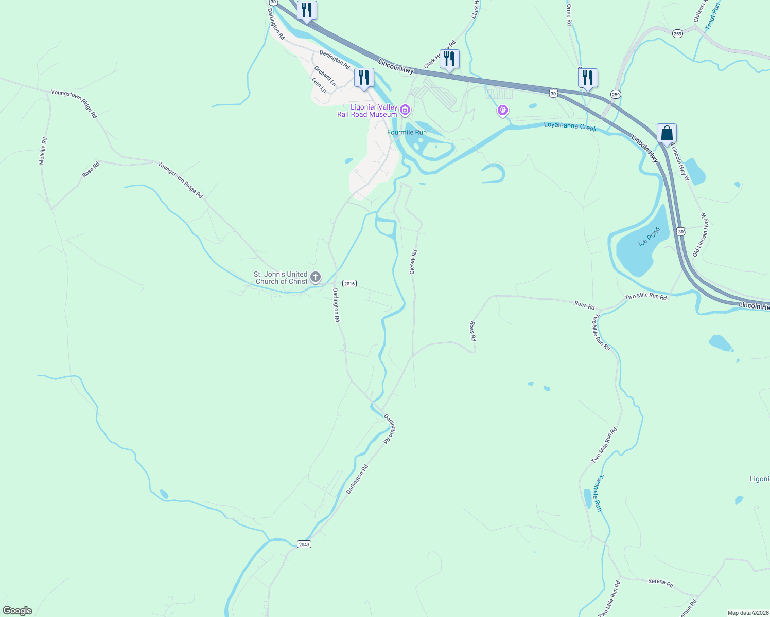 map of restaurants, bars, coffee shops, grocery stores, and more near 840 Martz Dr in Ligonier