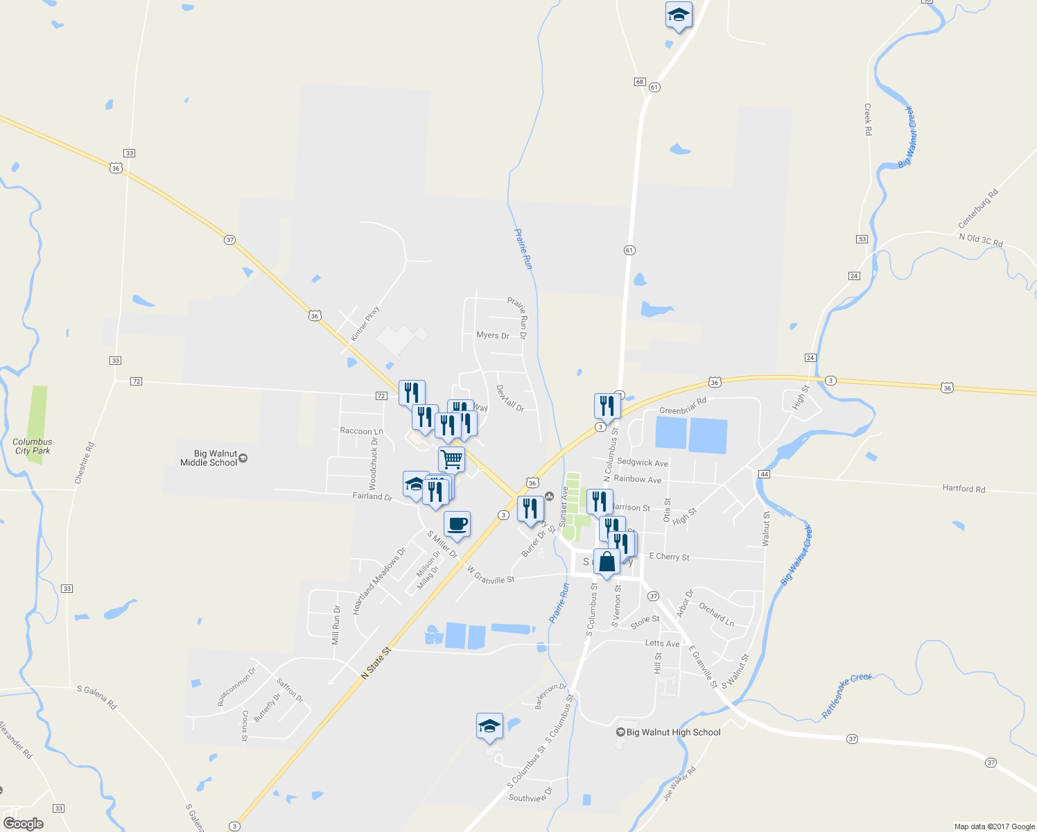 map of restaurants, bars, coffee shops, grocery stores, and more near 283 Dewfall Drive in Sunbury