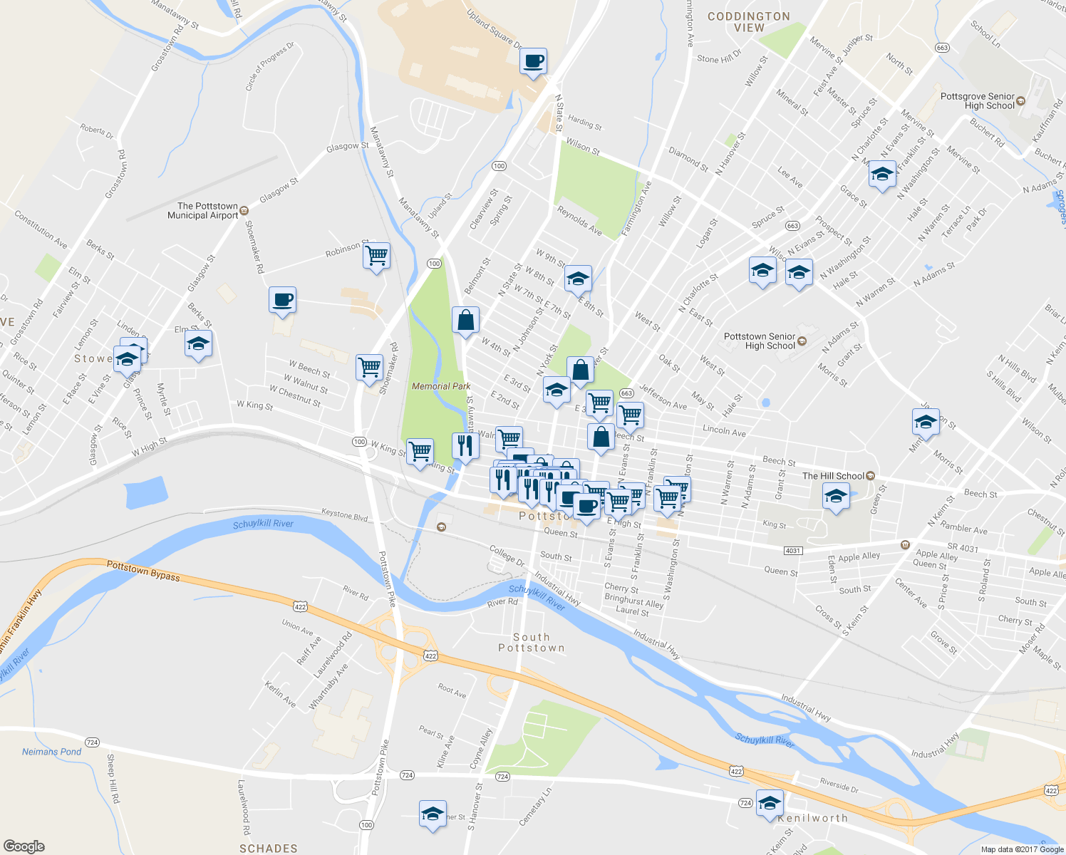 map of restaurants, bars, coffee shops, grocery stores, and more near 128 Beech Street in Pottstown