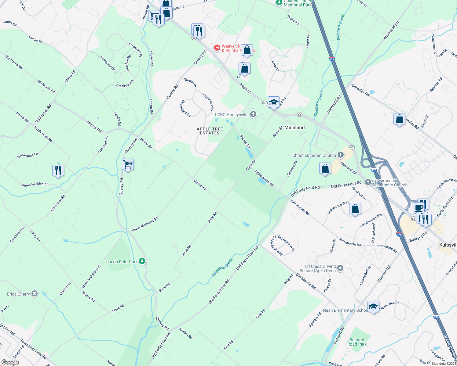 map of restaurants, bars, coffee shops, grocery stores, and more near 545 Store Road in Harleysville