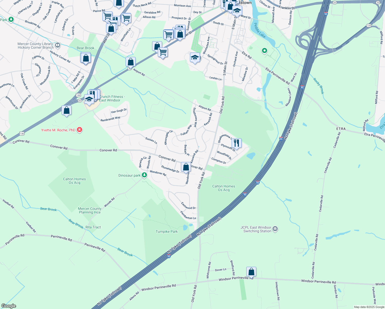 map of restaurants, bars, coffee shops, grocery stores, and more near 2 Berkley Pl in East Windsor