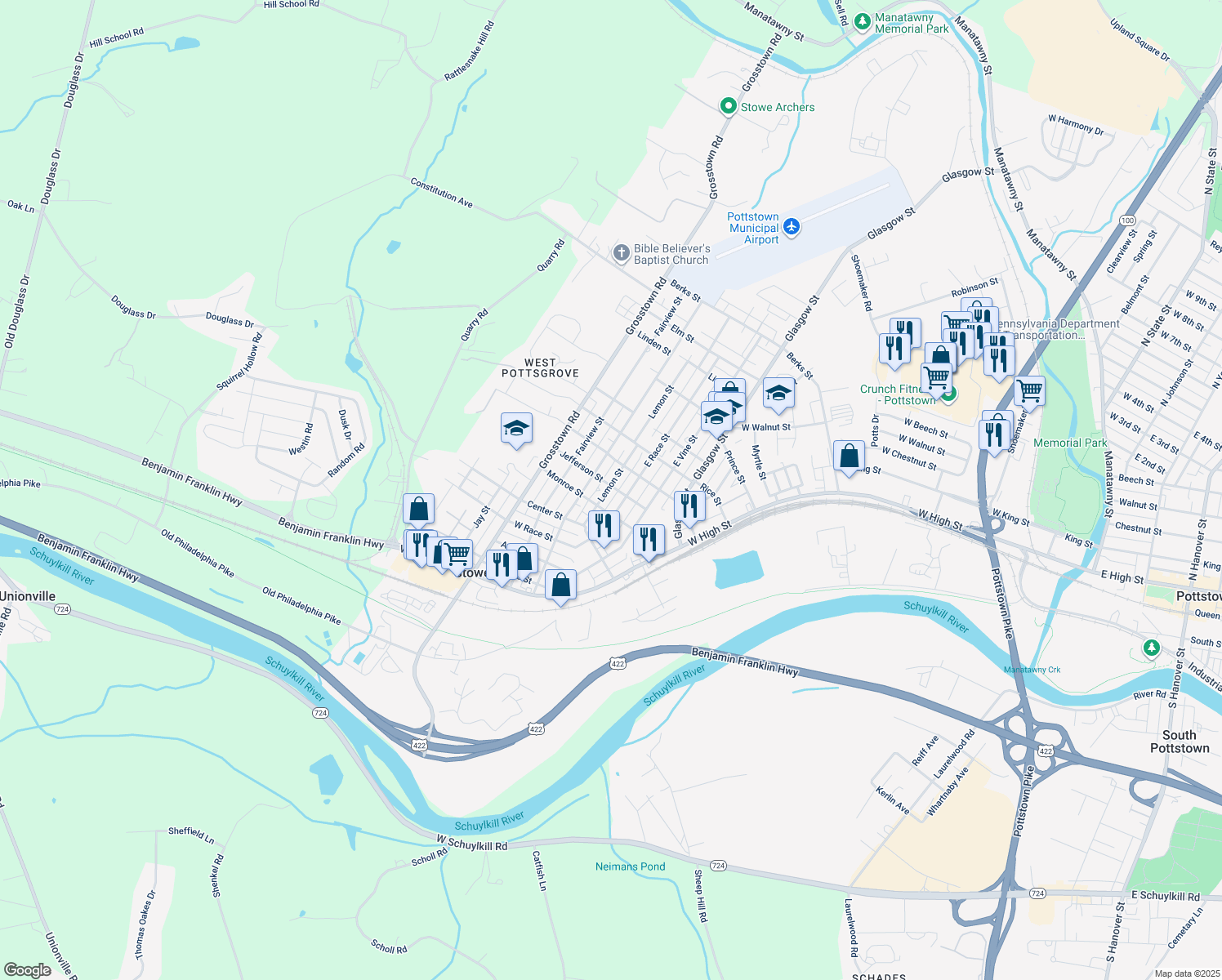 map of restaurants, bars, coffee shops, grocery stores, and more near 225 Jefferson Street in Stowe