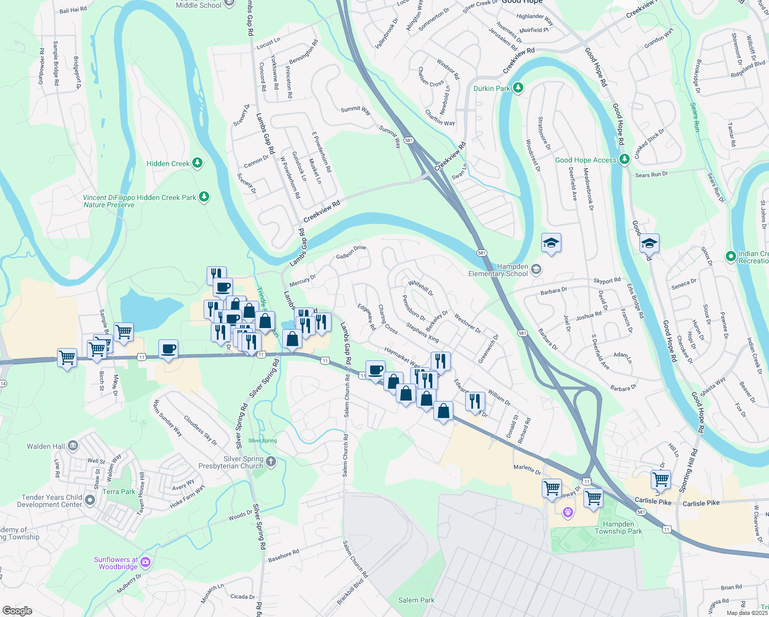 map of restaurants, bars, coffee shops, grocery stores, and more near 6206 Charing Cross in Mechanicsburg
