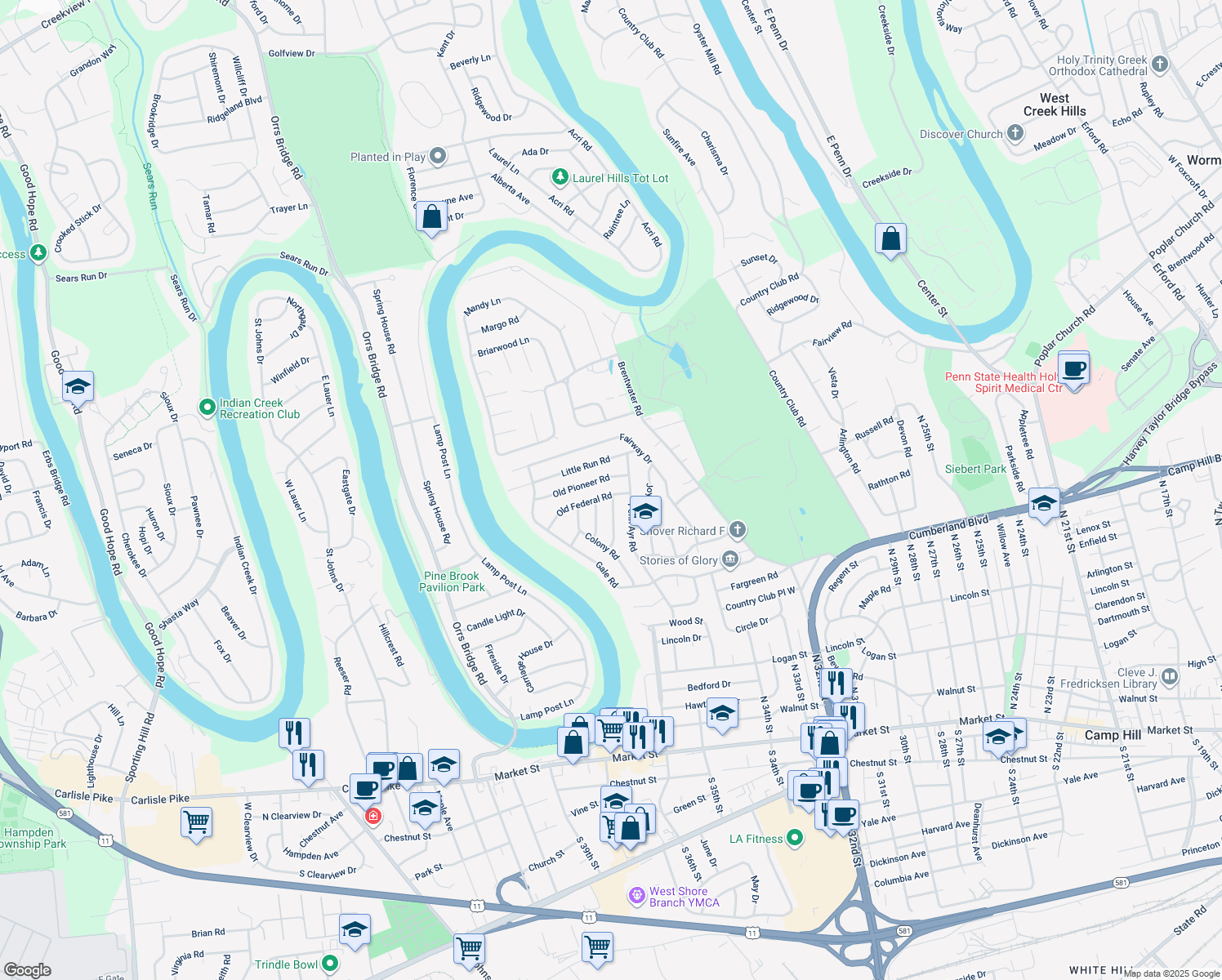 map of restaurants, bars, coffee shops, grocery stores, and more near 54 Old Federal Road in Camp Hill