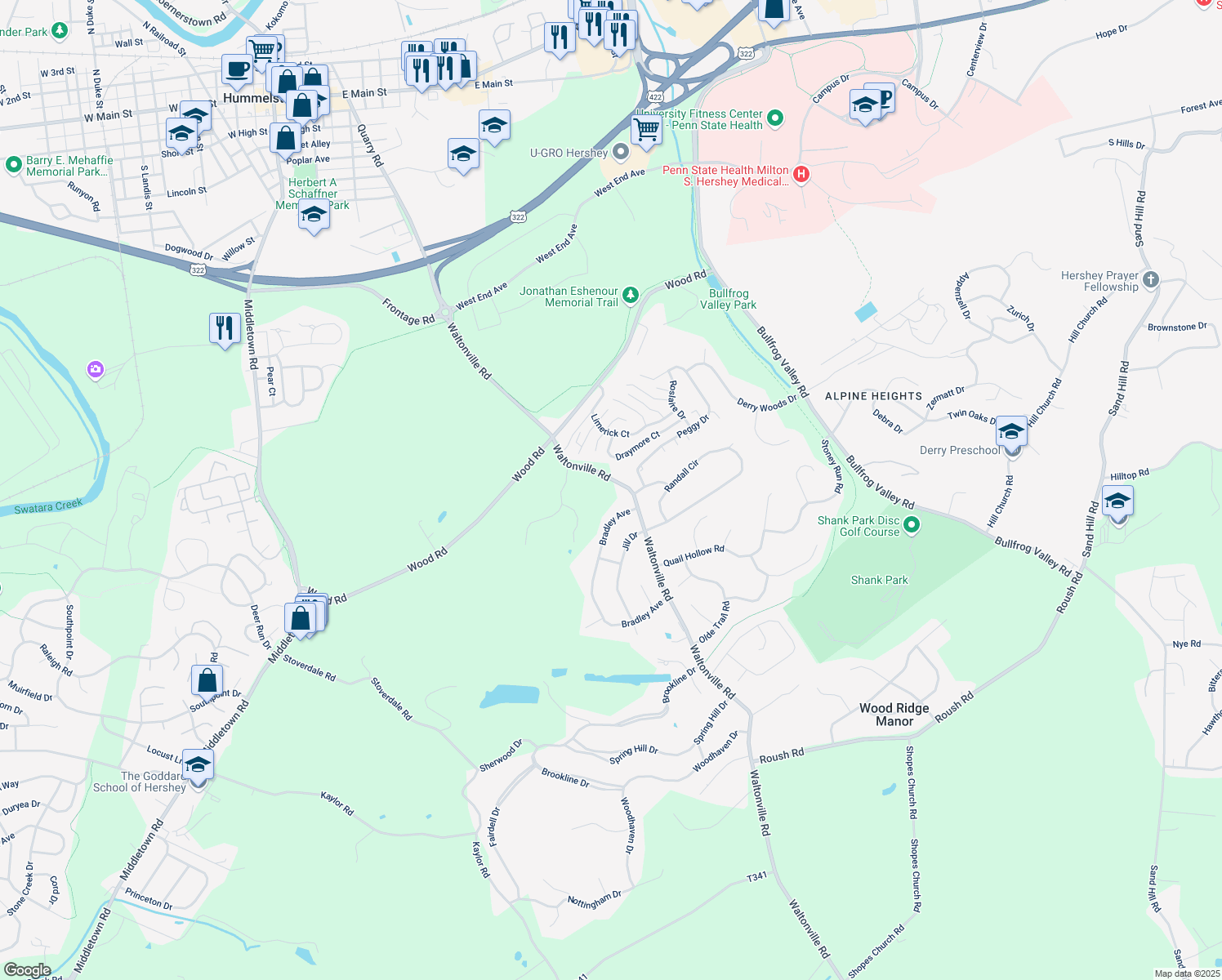 map of restaurants, bars, coffee shops, grocery stores, and more near 624 Waltonville Rd in Hummelstown