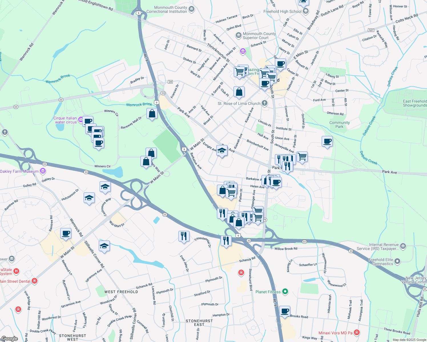 map of restaurants, bars, coffee shops, grocery stores, and more near 97 Enright Avenue in Freehold