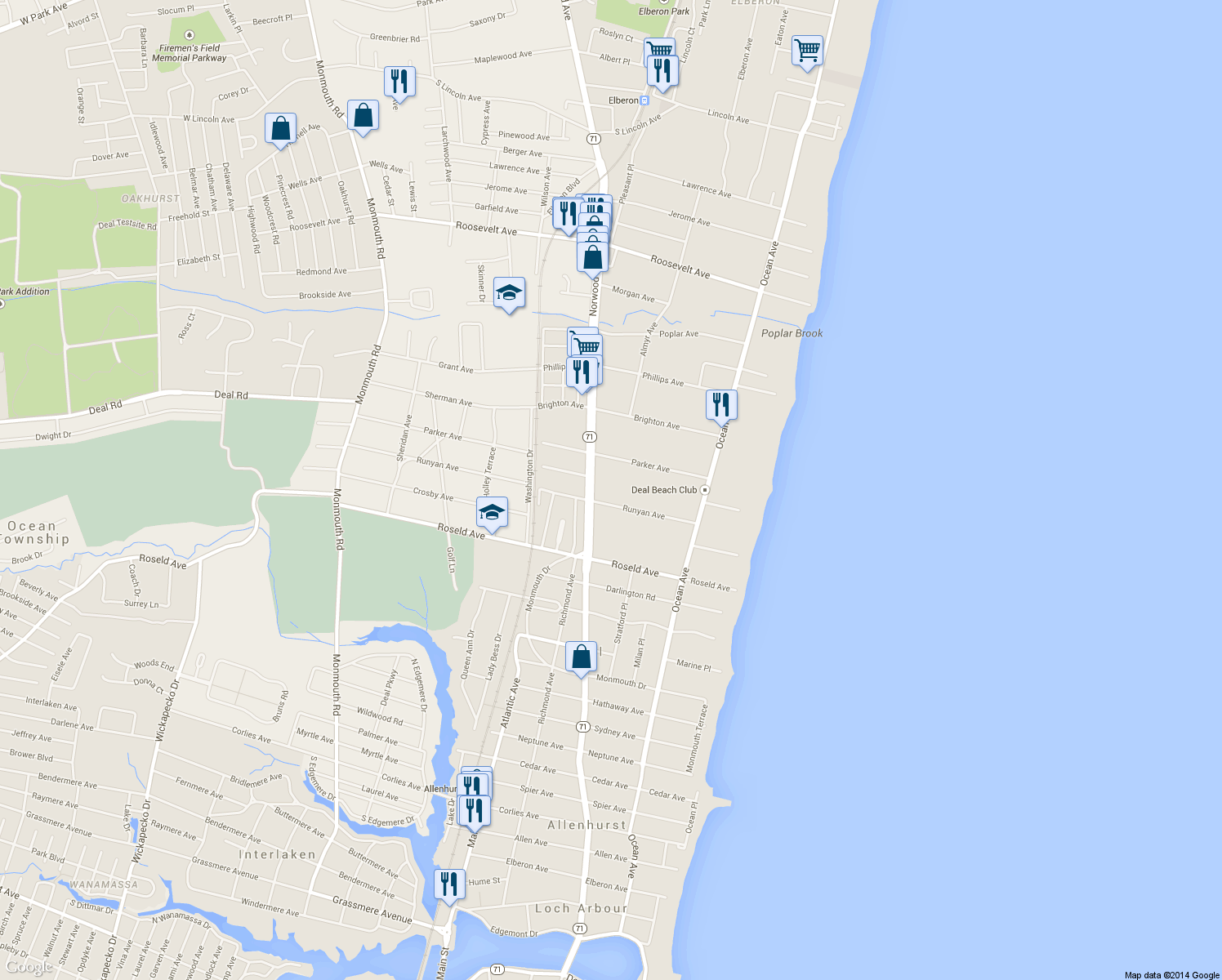 map of restaurants, bars, coffee shops, grocery stores, and more near 51 Runyan Avenue in Deal