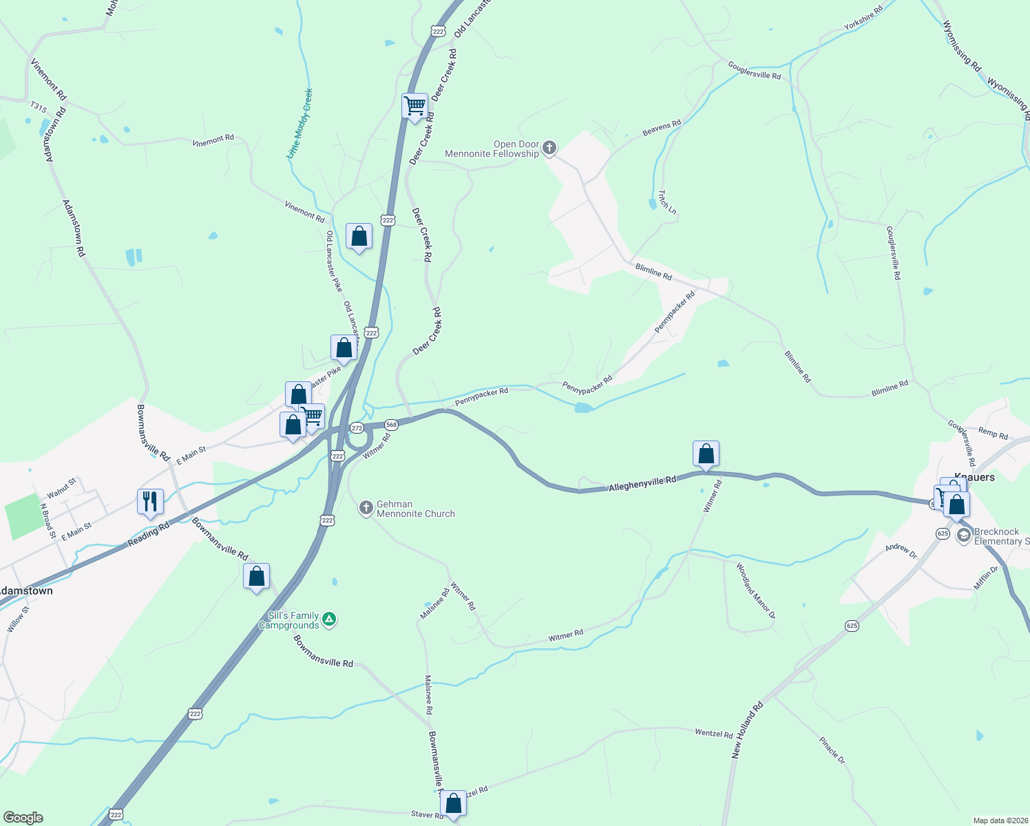 map of restaurants, bars, coffee shops, grocery stores, and more near 5024 Walnut Lane in Mohnton