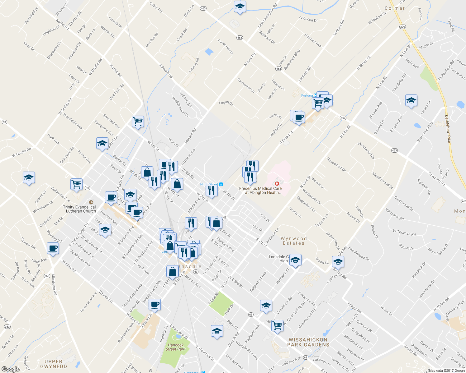 map of restaurants, bars, coffee shops, grocery stores, and more near 925 Walnut Street in Lansdale