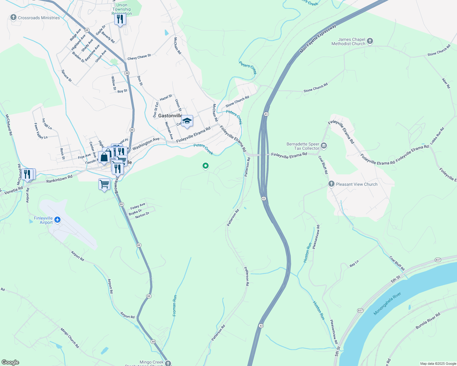 map of restaurants, bars, coffee shops, grocery stores, and more near 16 Fawcett Lane in Finleyville