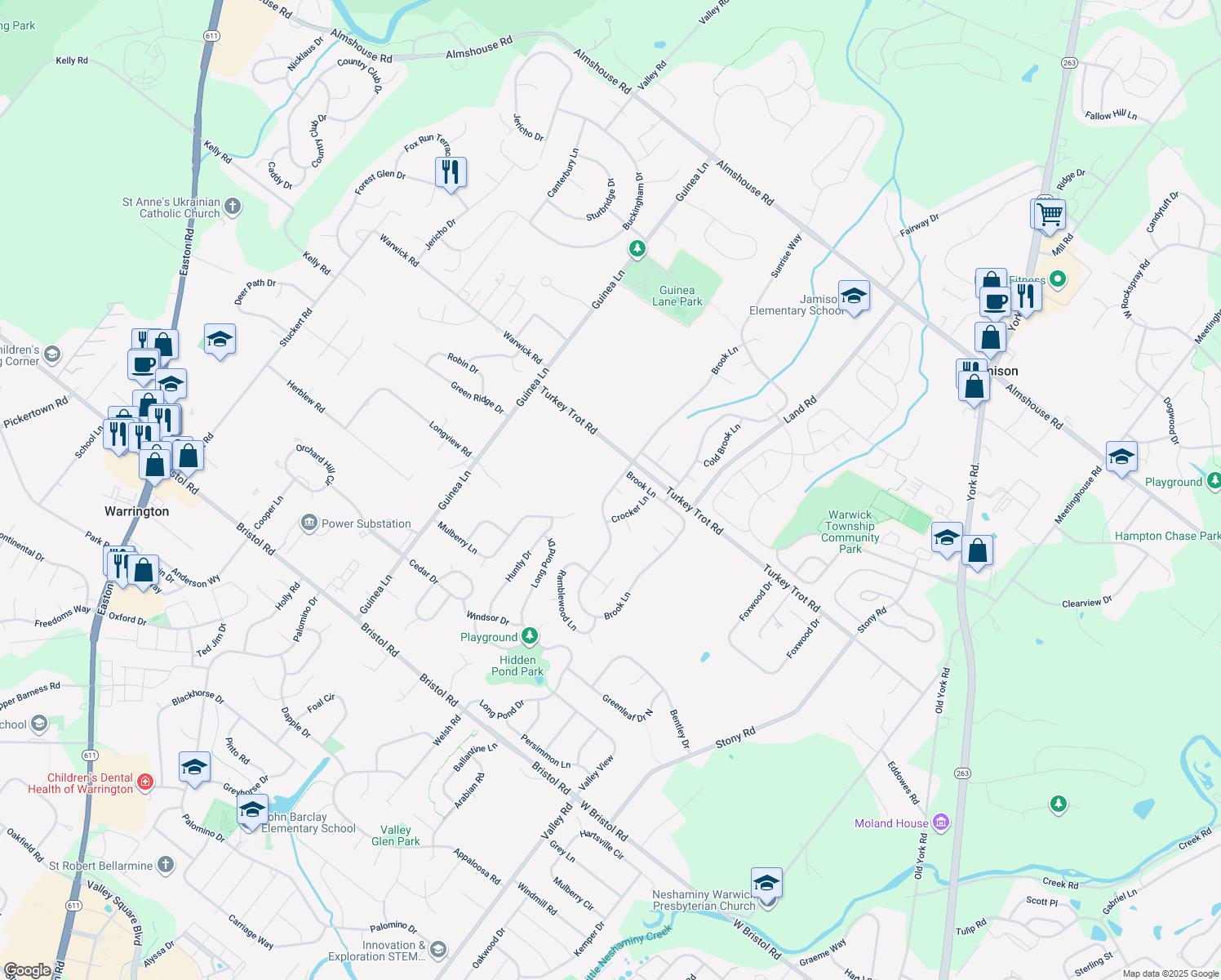 map of restaurants, bars, coffee shops, grocery stores, and more near 1754 Brook Lane in Jamison