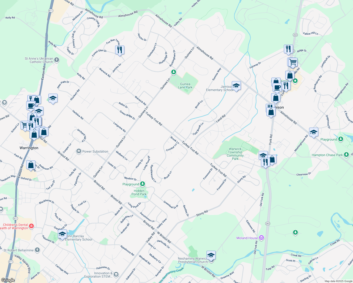 map of restaurants, bars, coffee shops, grocery stores, and more near 1353 Brook Lane in Jamison