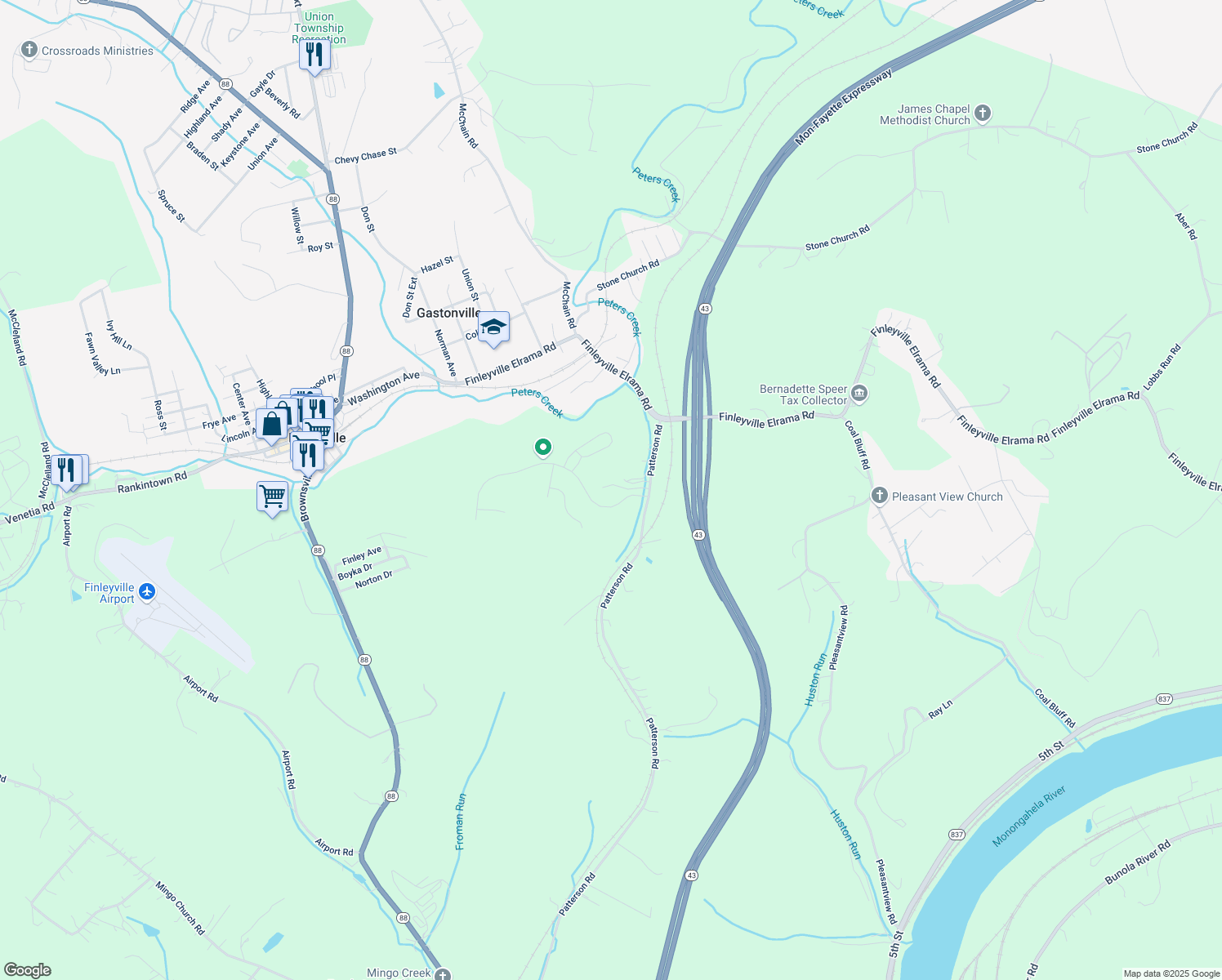 map of restaurants, bars, coffee shops, grocery stores, and more near 16 Fawcett Lane in Finleyville
