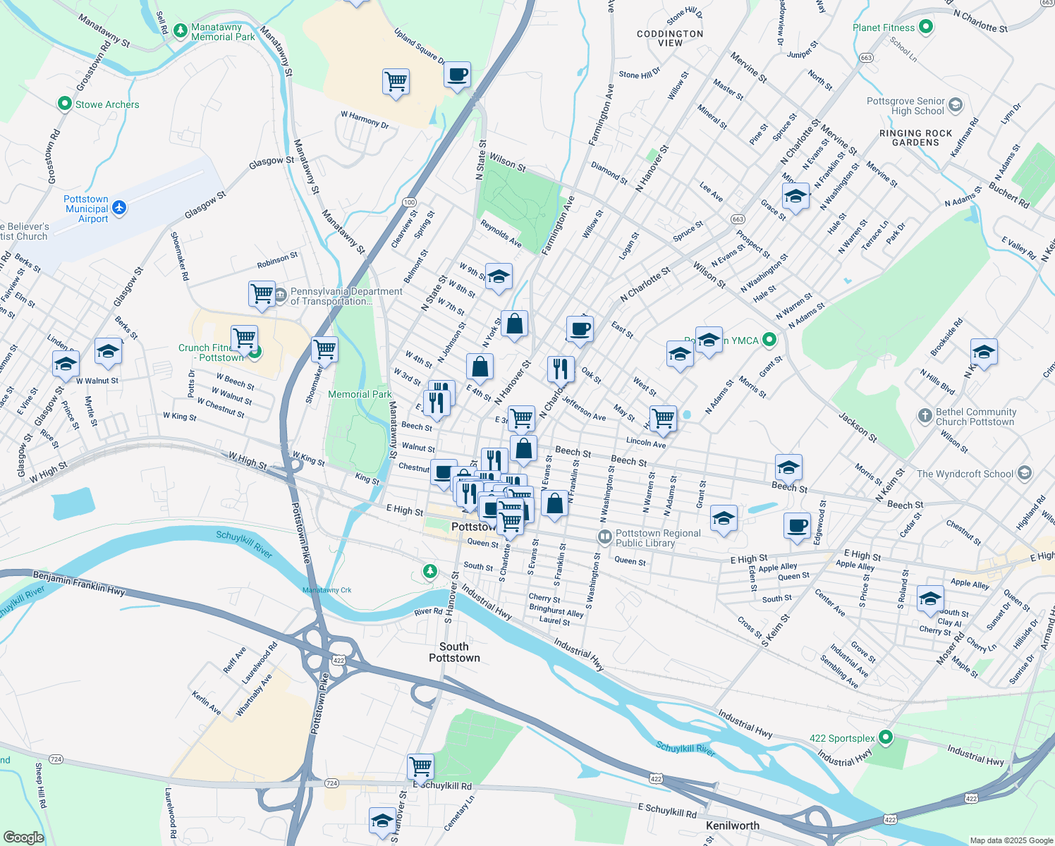map of restaurants, bars, coffee shops, grocery stores, and more near 231 N Charlotte St in Pottstown