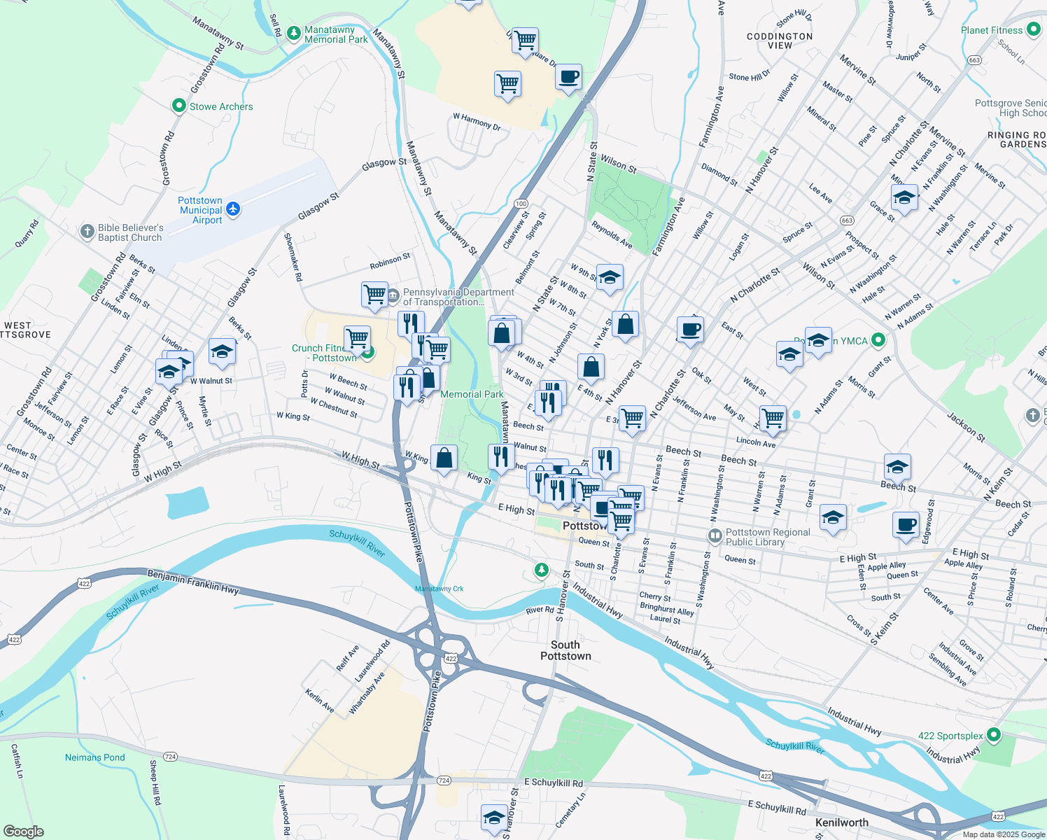 map of restaurants, bars, coffee shops, grocery stores, and more near 25 Beech Street in Pottstown