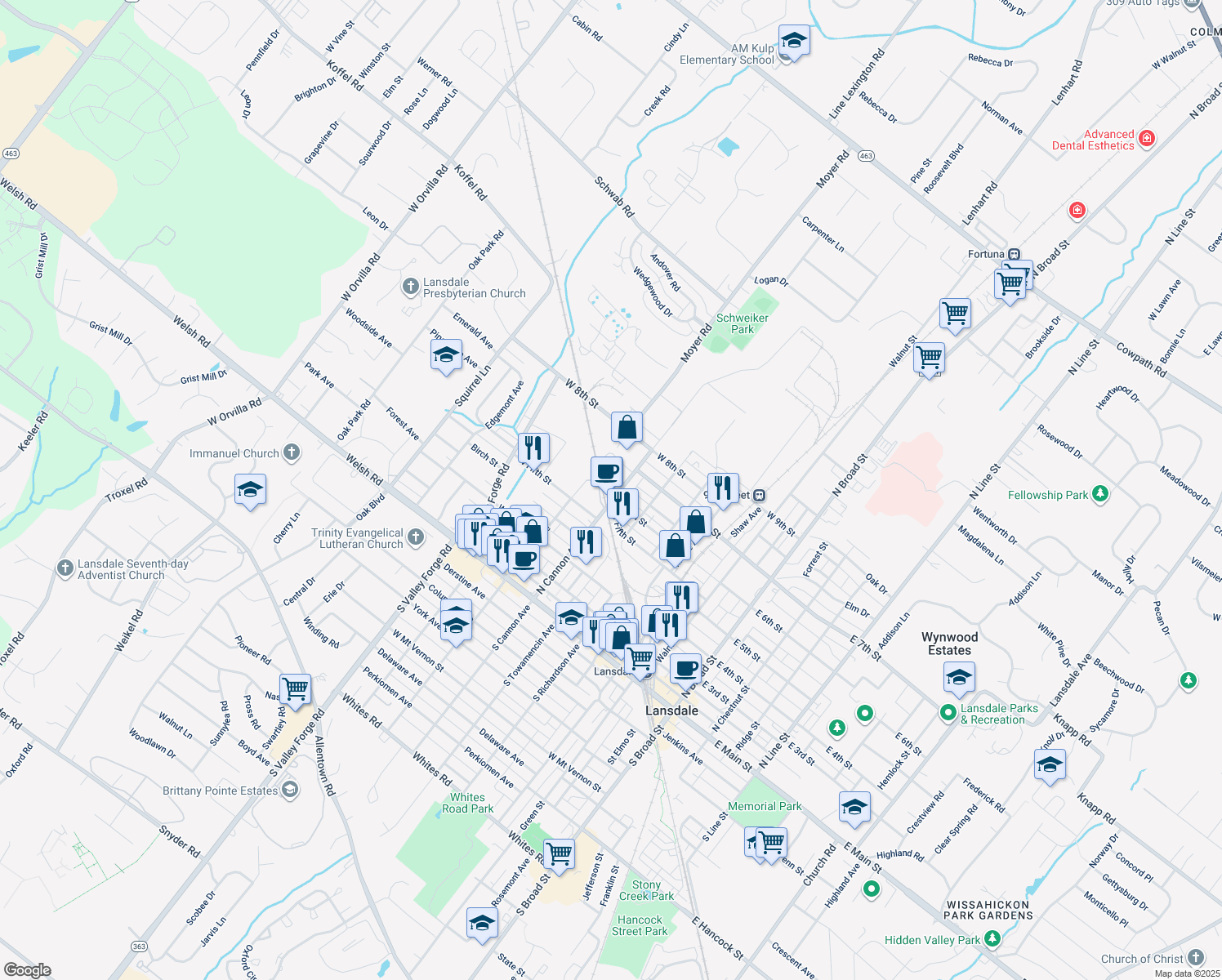 map of restaurants, bars, coffee shops, grocery stores, and more near 612 North Cannon Avenue in Lansdale