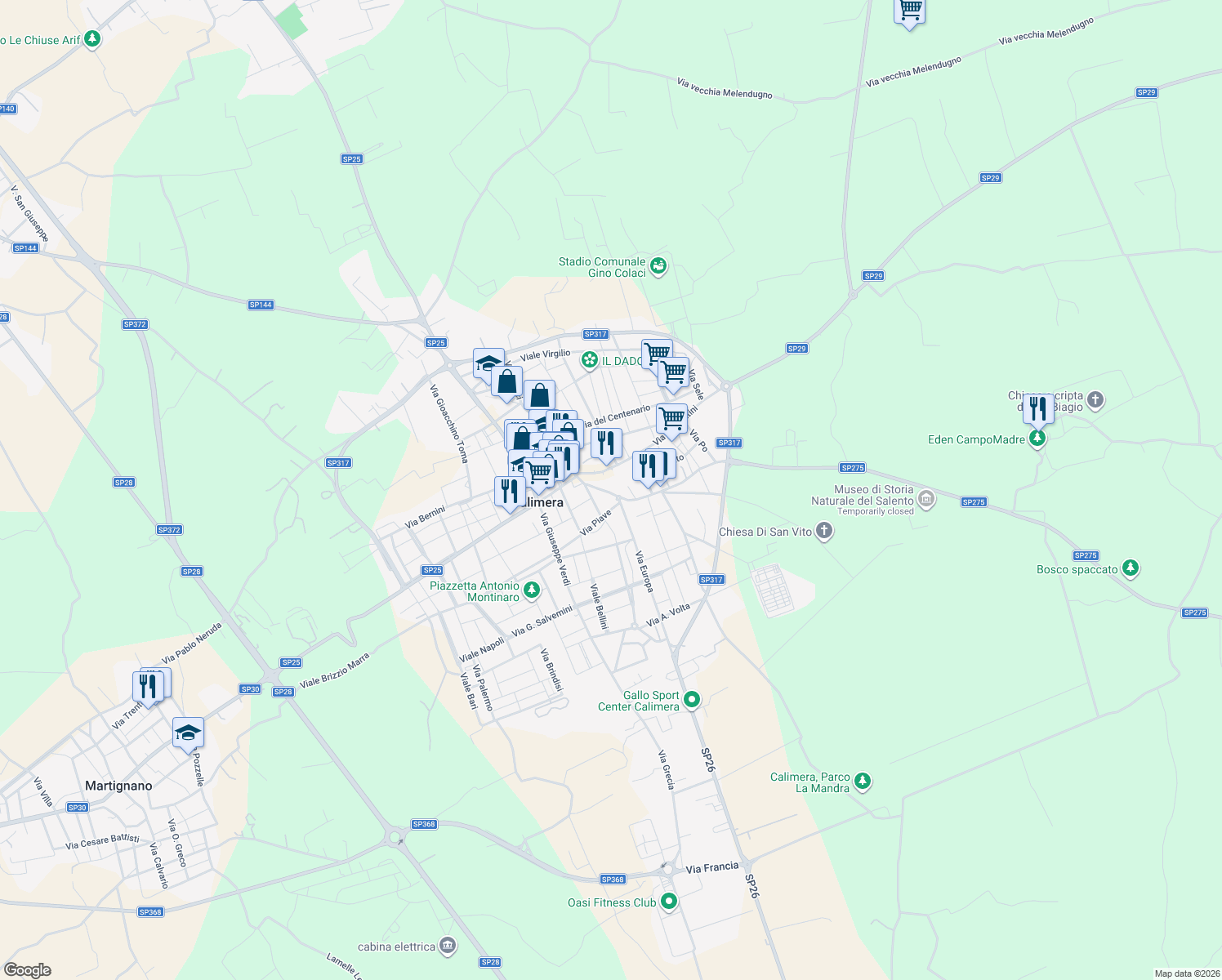 map of restaurants, bars, coffee shops, grocery stores, and more near 45 Via Costantini in Calimera