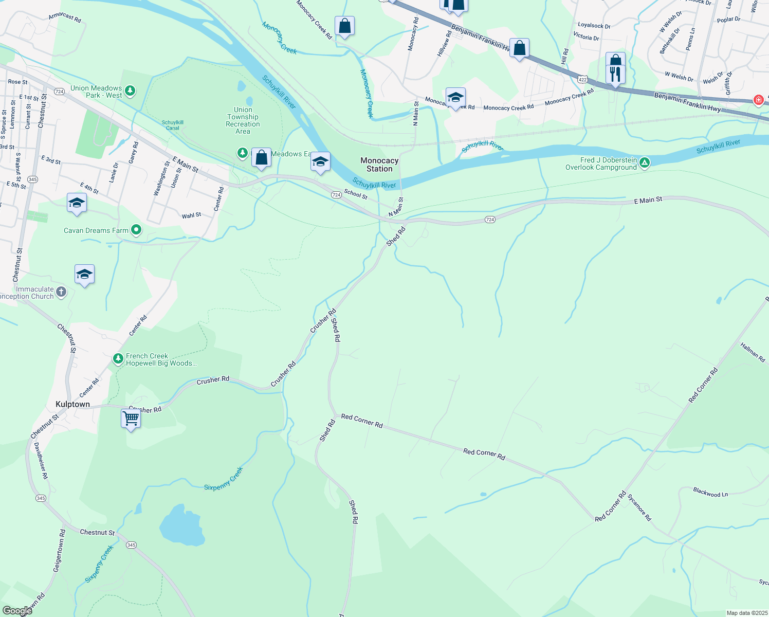 map of restaurants, bars, coffee shops, grocery stores, and more near 73 Shed Road in Douglassville