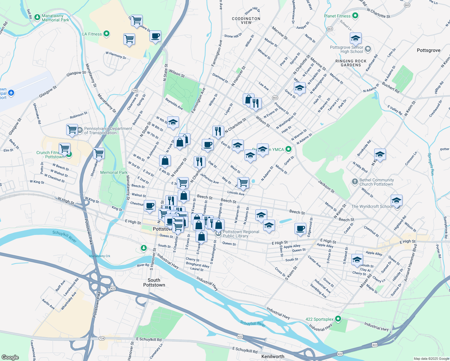 map of restaurants, bars, coffee shops, grocery stores, and more near 359 North Washington Street in Pottstown
