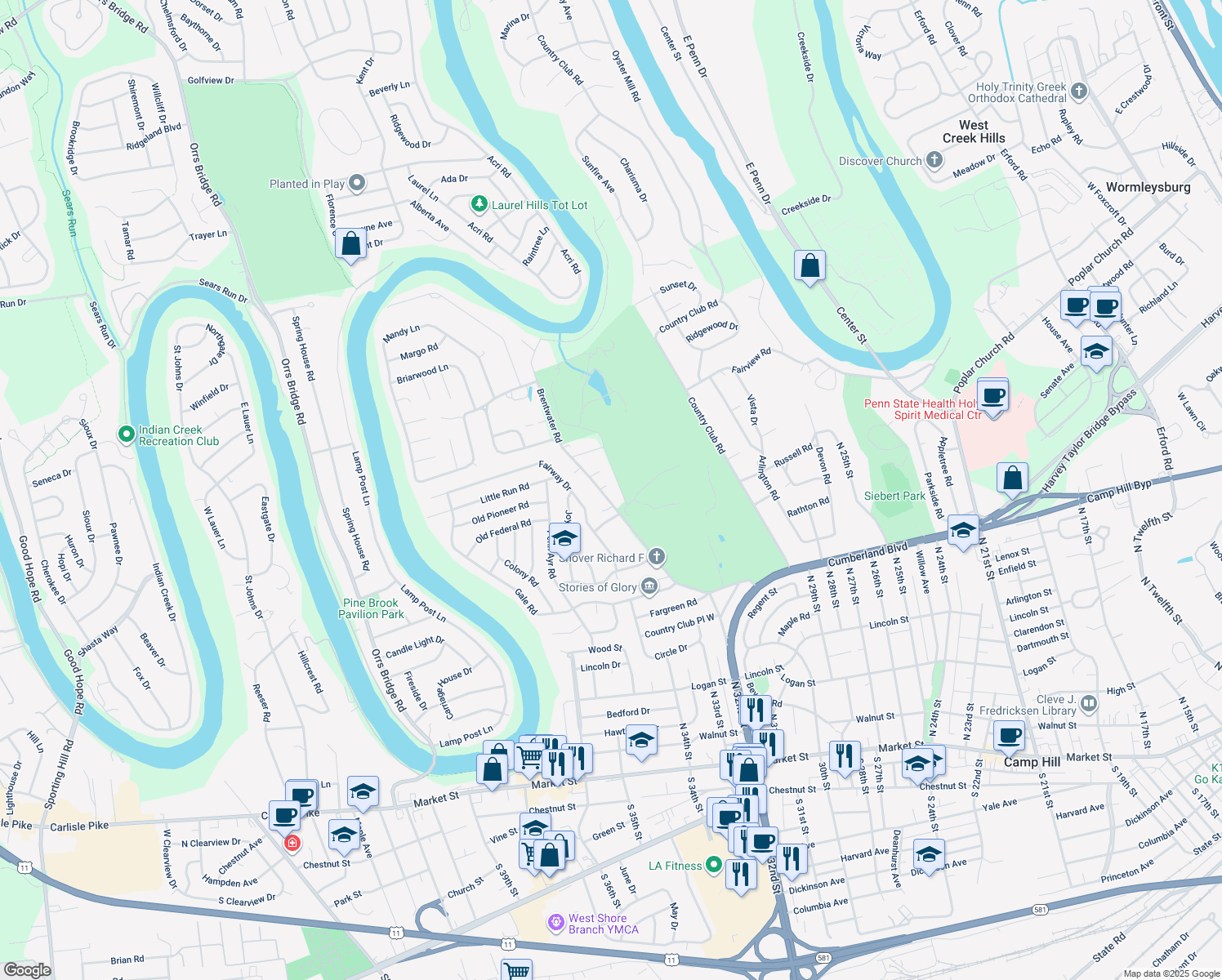 map of restaurants, bars, coffee shops, grocery stores, and more near 531 Brentwater Road in Camp Hill
