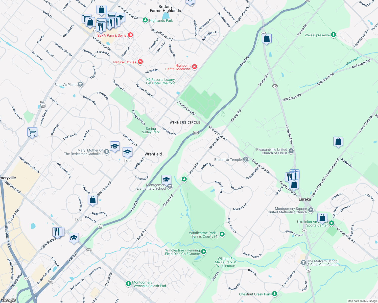 map of restaurants, bars, coffee shops, grocery stores, and more near 113 Schreiner Drive in North Wales