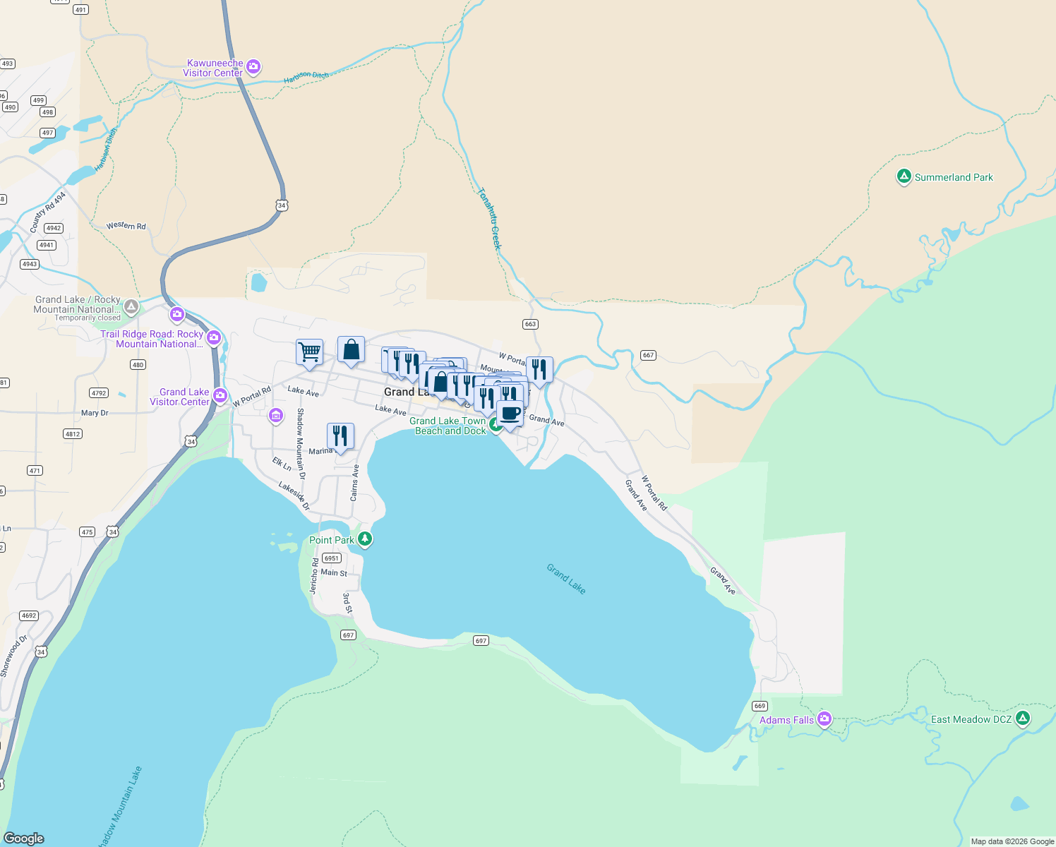 map of restaurants, bars, coffee shops, grocery stores, and more near 1200 Grand Ave in Grand Lake