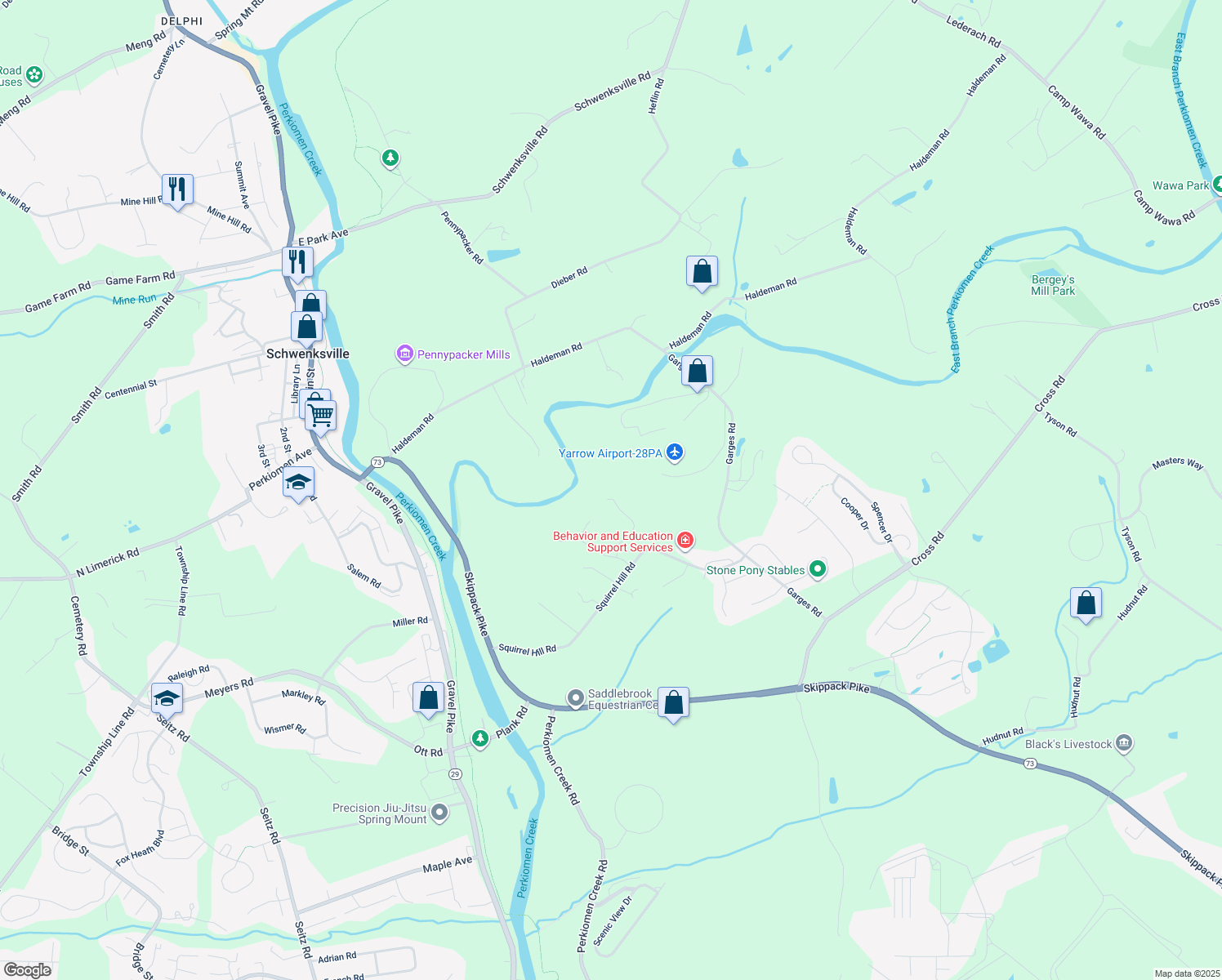 map of restaurants, bars, coffee shops, grocery stores, and more near 2124 Arbordale Circle in Schwenksville