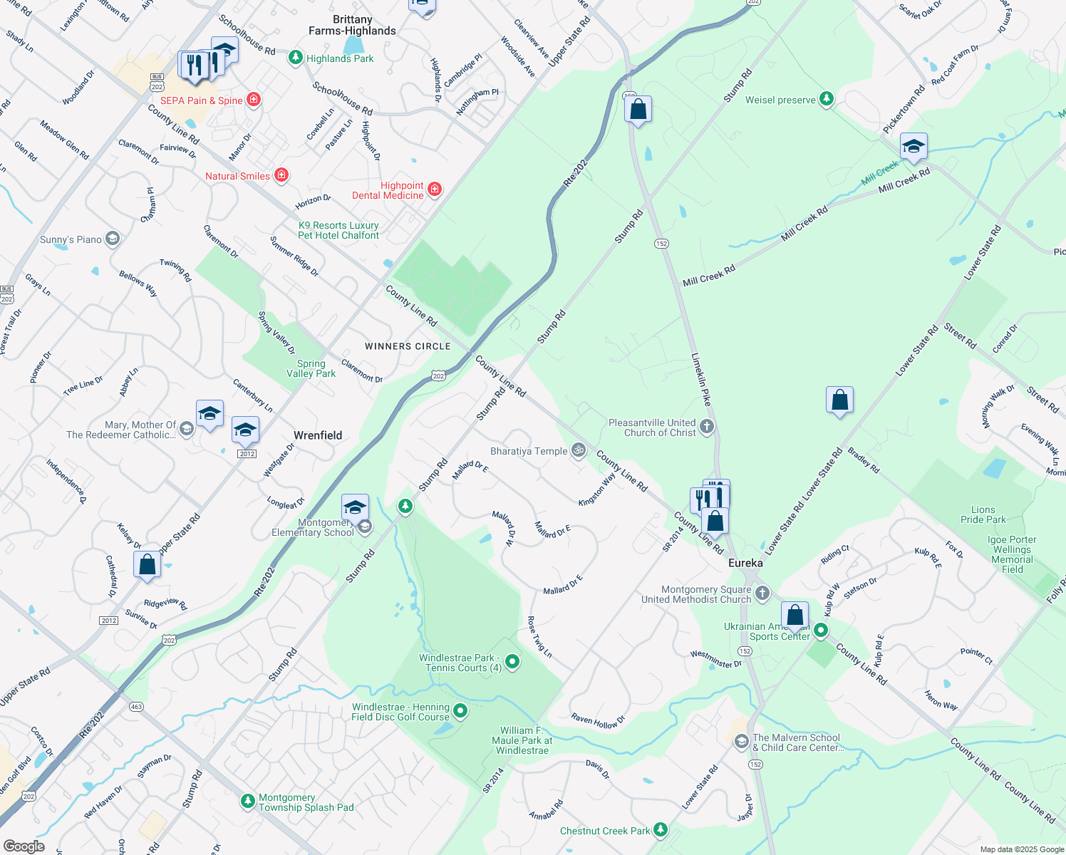 map of restaurants, bars, coffee shops, grocery stores, and more near 109 Bailey Dr in North Wales