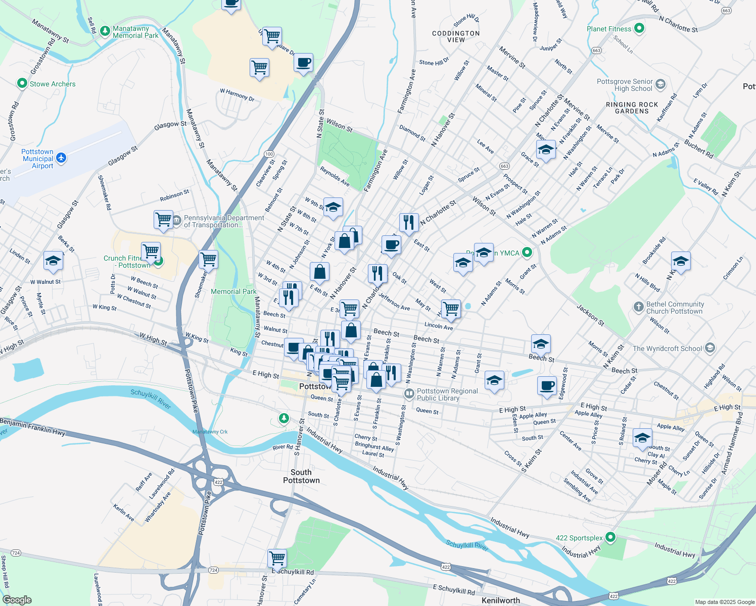 map of restaurants, bars, coffee shops, grocery stores, and more near 317 N Evans St in Pottstown