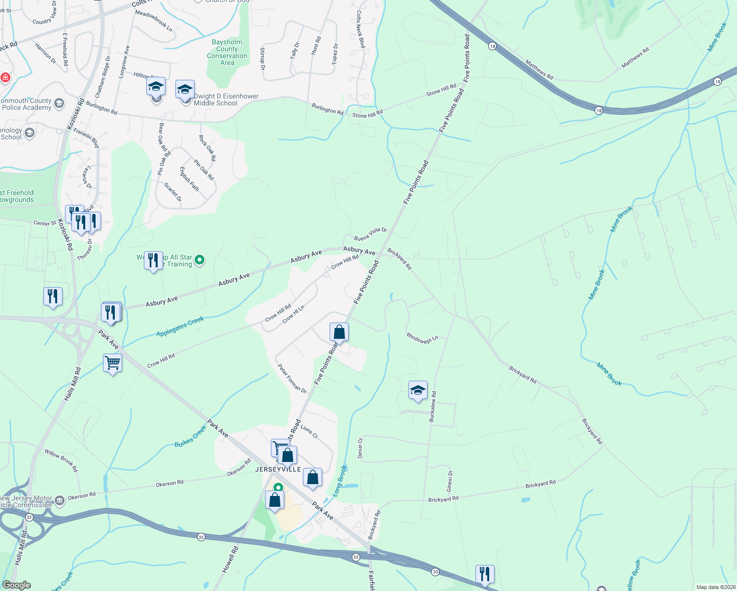 map of restaurants, bars, coffee shops, grocery stores, and more near 71 Five Points Road in Freehold