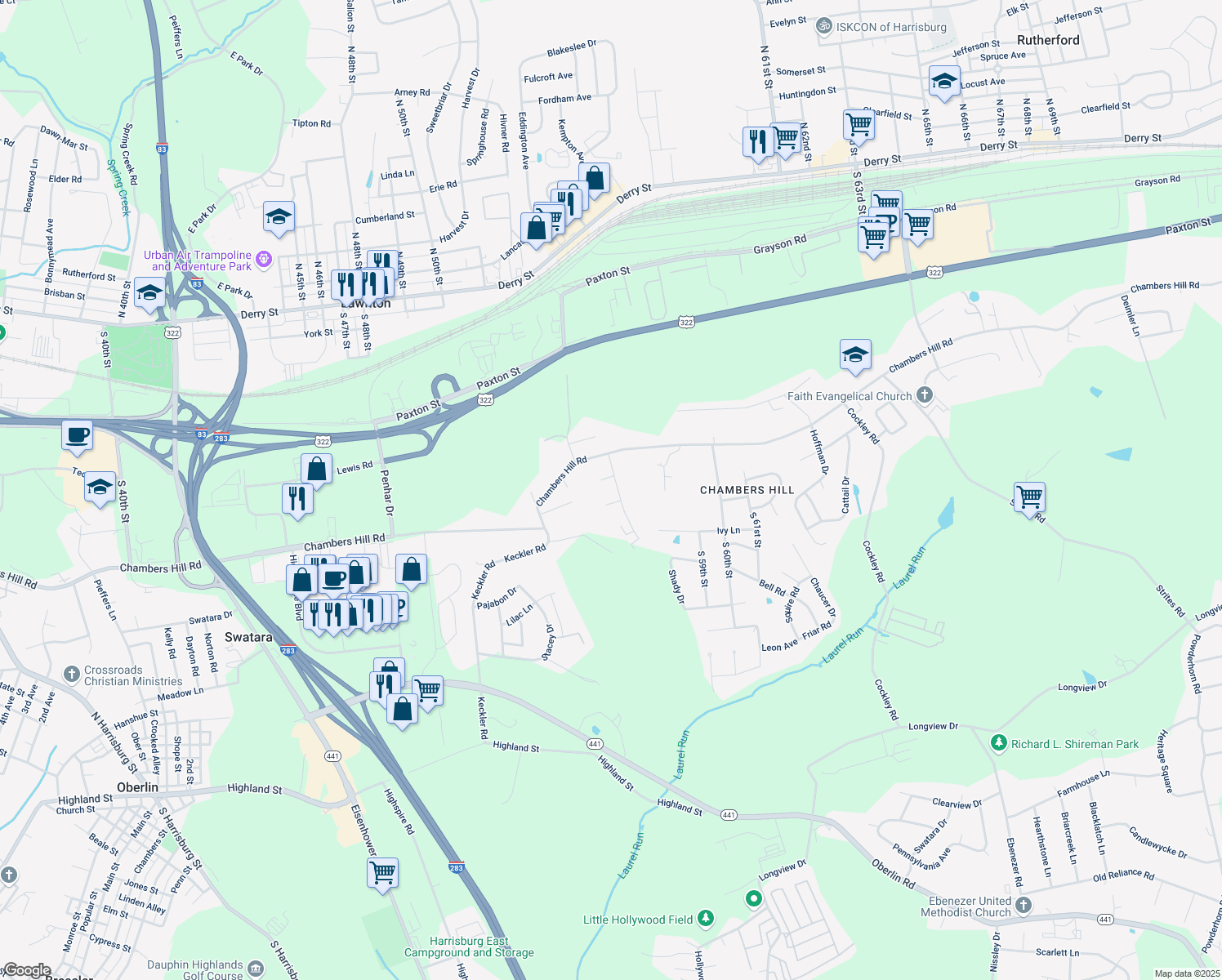map of restaurants, bars, coffee shops, grocery stores, and more near 641 Garden Dr in Harrisburg