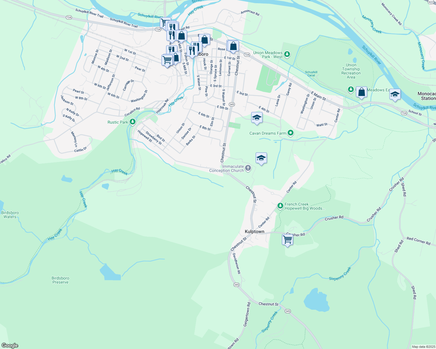 map of restaurants, bars, coffee shops, grocery stores, and more near 716 Hopewell Street in Birdsboro