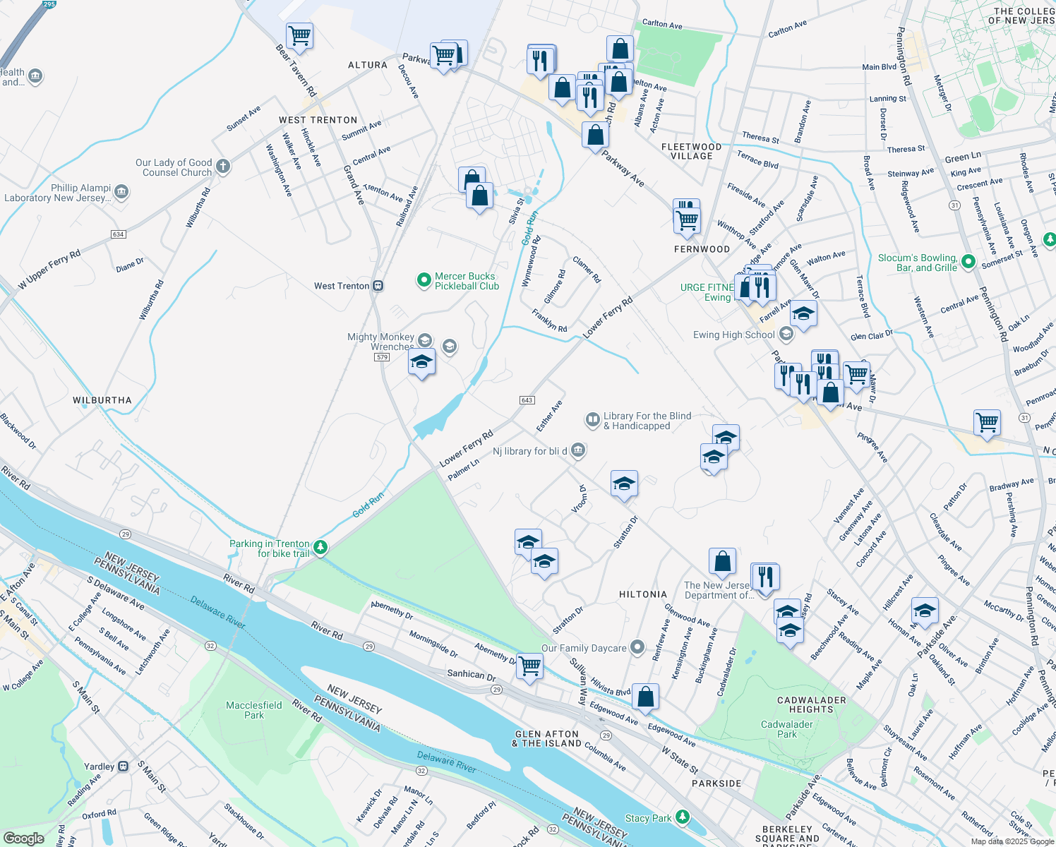 map of restaurants, bars, coffee shops, grocery stores, and more near 2440 Stuyvesant Avenue in Ewing Township