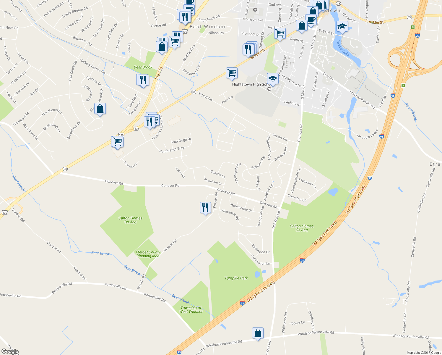 map of restaurants, bars, coffee shops, grocery stores, and more near 11 Sussex Lane in East Windsor