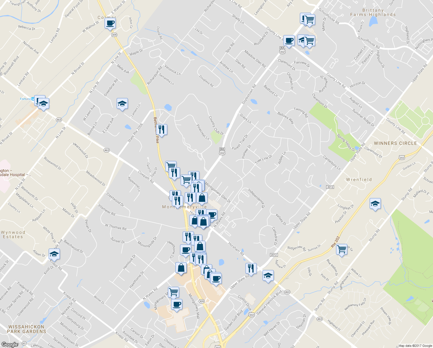map of restaurants, bars, coffee shops, grocery stores, and more near 123 Ashley Circle in Lansdale