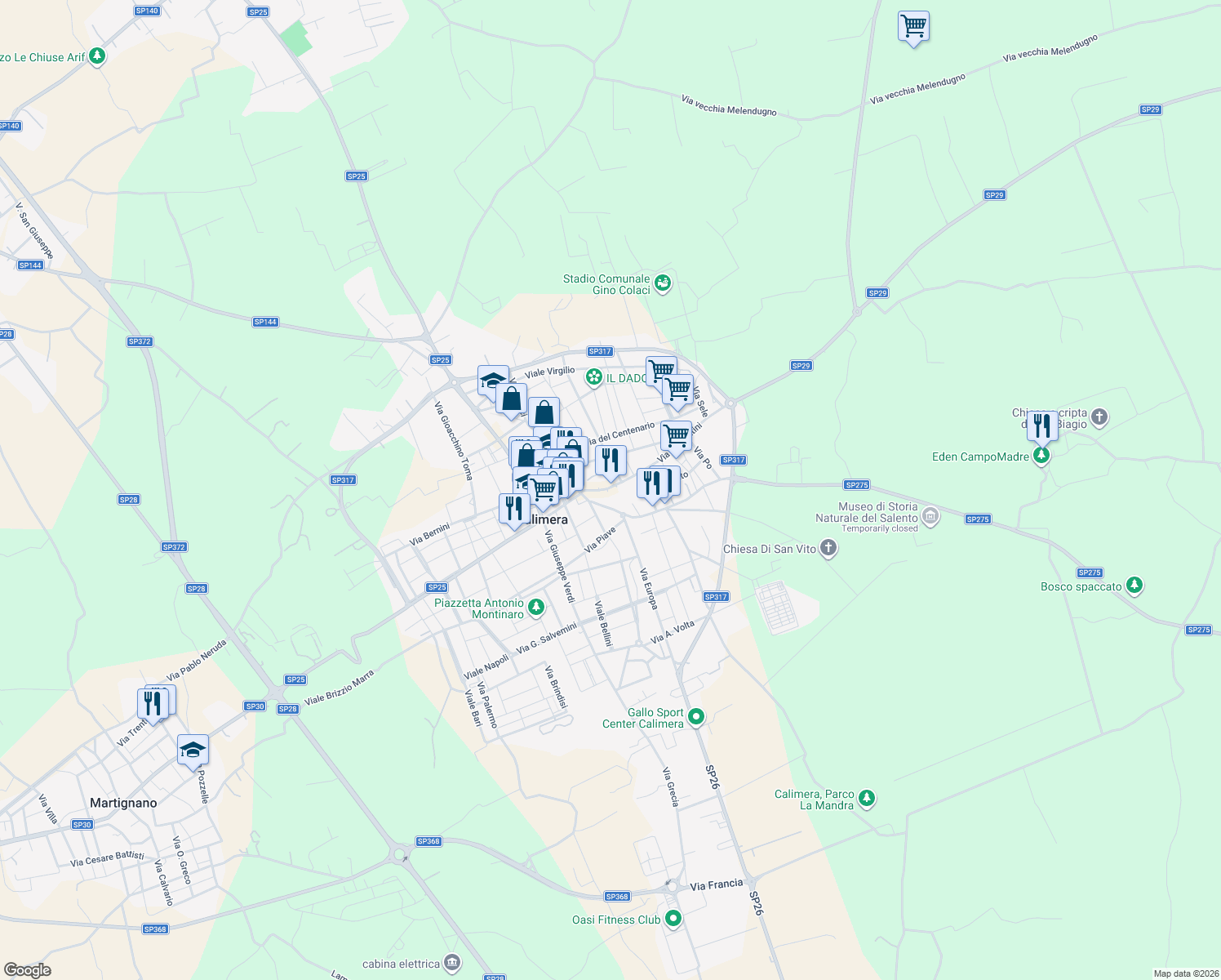 map of restaurants, bars, coffee shops, grocery stores, and more near 45 Via Costantini in Calimera