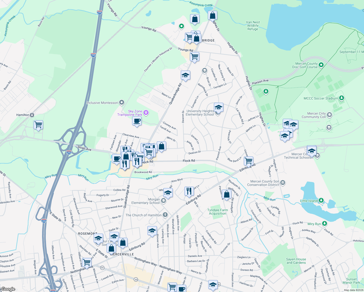 map of restaurants, bars, coffee shops, grocery stores, and more near 41 Deacon Drive in Hamilton Township